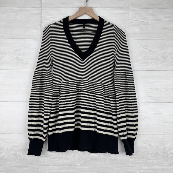 Stile Benetton Wool Blend V-Neck Sweater Women Small Striped Black Grunge Cozy - Picture 2 of 13